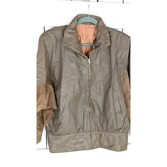80s vintage beige brown suede and leather zipper bomber Dolman sleeve jacket